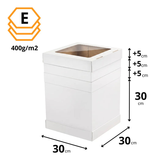 Jumbo-Tortenkarton höhenverstellbar Weiß 30x30 cm mit Sichtfenster